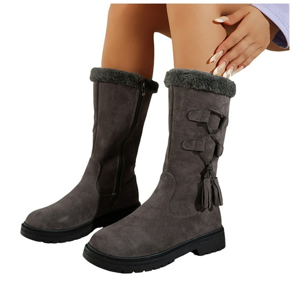 Dakaela Women's Winter Snow Boots Suede Fleece Lined Mid Calf Booties Side Tassel Fuzzy Warm Outdoor Dressy Work Boots Grey 9.5