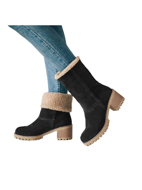 Womens Ankle Boots Chunky Heel Work Mid Calf Booties Winter Warm Ladies Dressy Pumps Shoes