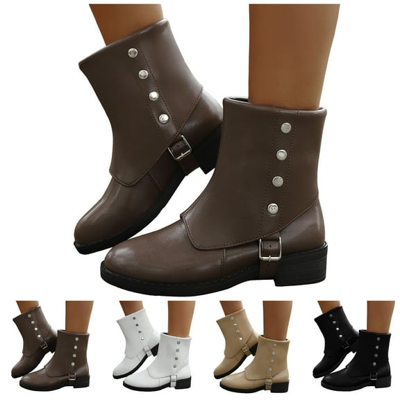 Dakaela Womens Ankle Boots Fold Over Buckles Combat Riding Short Booties Chunky Heel Wide Mid Calf Boots
