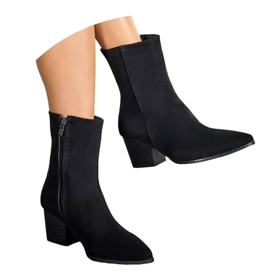 Dakaela Womens Ankle Boots Pointed Toe Chunky Stacked Heel Short Booties Suede Dressy Mid Calf Boot