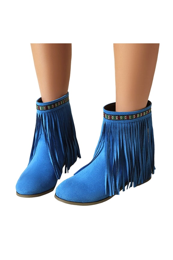 Womens Ankle Fringe Boots Round Toe Suede Tassel Flat Short Booties Casual Wedge Dress Moccasins