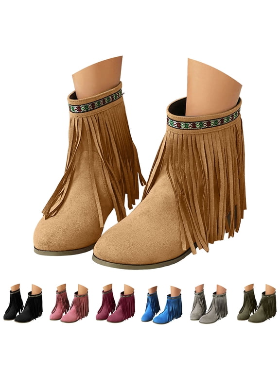 Womens Ankle Fringe Boots Round Toe Suede Tassel Flat Short Booties Casual Wedge Dress Moccasins