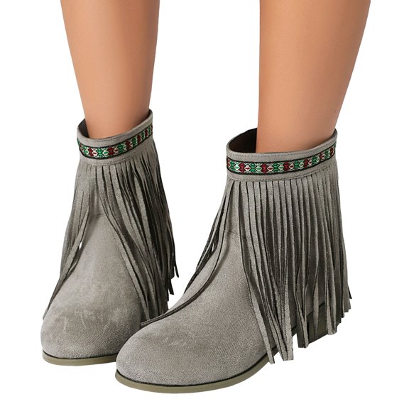 Dakaela Womens Ankle Fringe Boots Round Toe Suede Tassel Flat Short Booties Casual Wedge Dress Moccasins