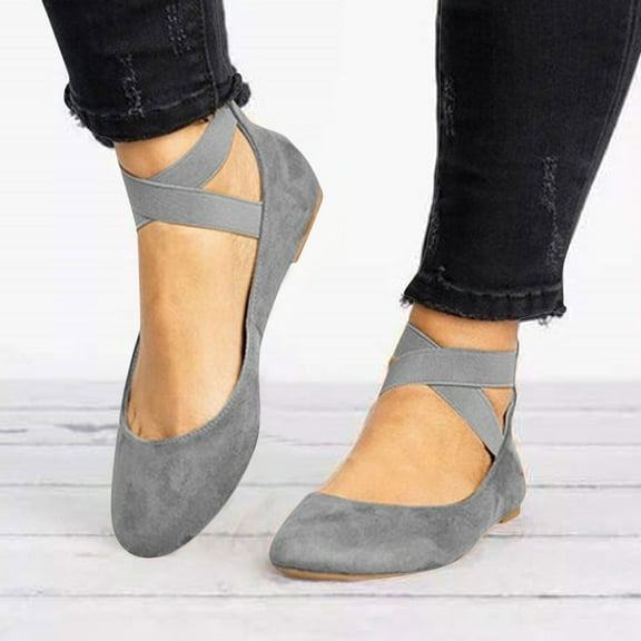 Dakaela Womens Ballet Flats Elastic Ankle Strap Ballerina Dress Shoes Round Toe Slip on Loafers Grey 6.5