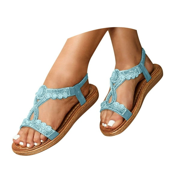 Dakaela Womens Bohemian Flat Sandals Arch Support Summer Walking Shoes Casual Ankle Elastic Flip Flops