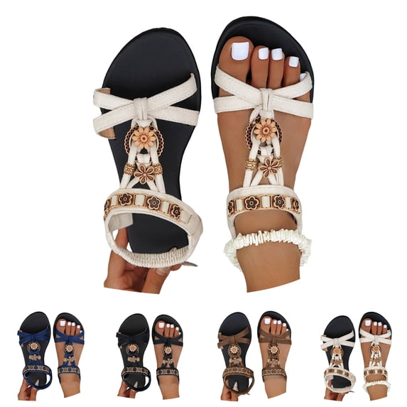 Dakaela Womens Bohemian Flat Sandals Comfortable Dressy Slip on Dress Sandal with Elastic Ankle Strap Summer Beach Walking Shoes Size 6-10 Beige