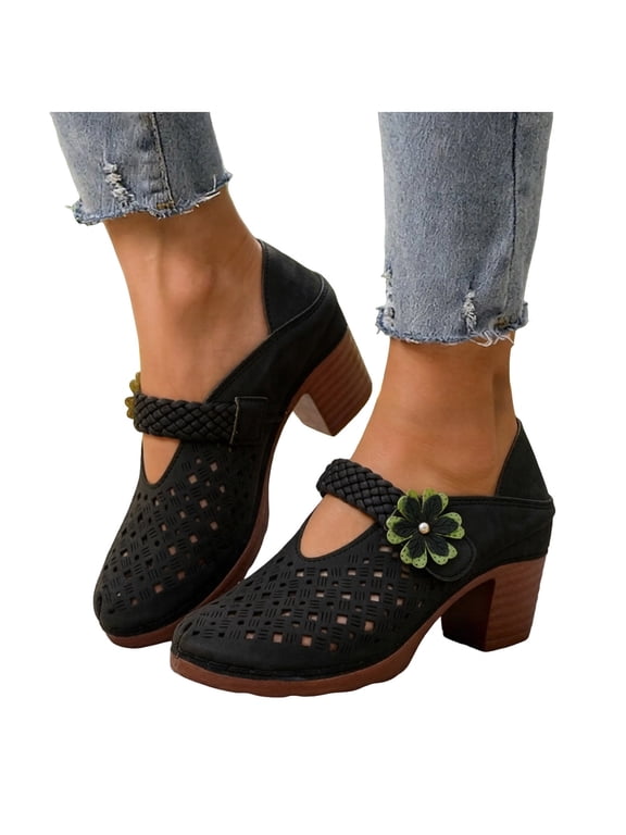 Womens Chunky Heel Closed Toe Sandals Hollow out Dress Summer Pumps Orthopedic Wedge Slip on Slides with Adjustable Backless Size 6,Black