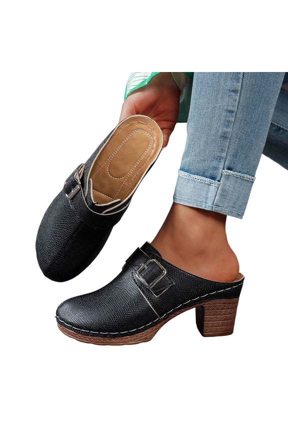 Womens Chunky Heels Mules Closed Toe Heeled Slip on Clogs Casual Backless Pumps Summer Work Loafers Slides Shoes Black Size 9