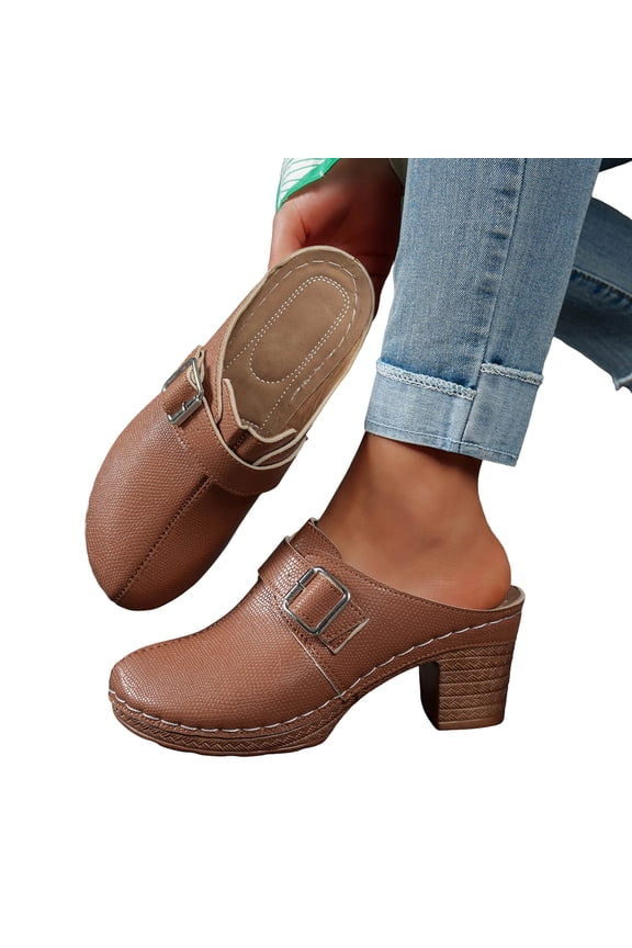 Womens Chunky Heels Mules Closed Toe Heeled Slip on Clogs Casual Backless Pumps Summer Work Loafers Slides Shoes Brown Size 6