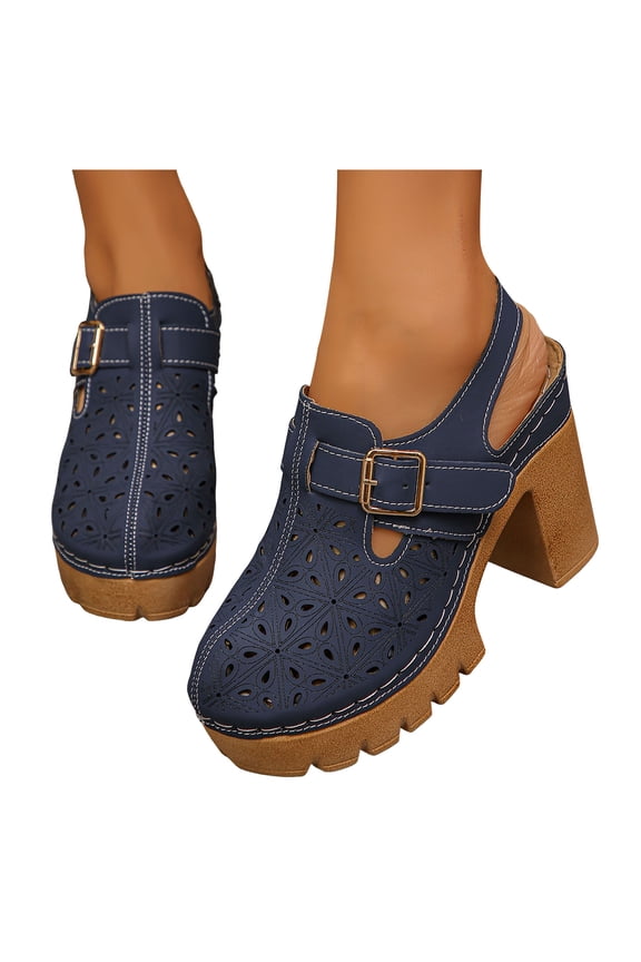 Womens Chunky Heels Mules Closed Toe Slingback Platform Clogs Sandals Comfortable Casual Pumps Slides Shoes with Strap Navy 6.5