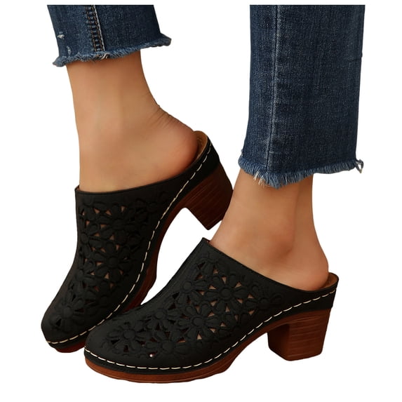 Dakaela Womens Chunky Heels Mules Hollow Closed Toe Flower Pattern Slip on Slides Clogs Summer Casual Backless Pumps Sandals Size 6-10 Black