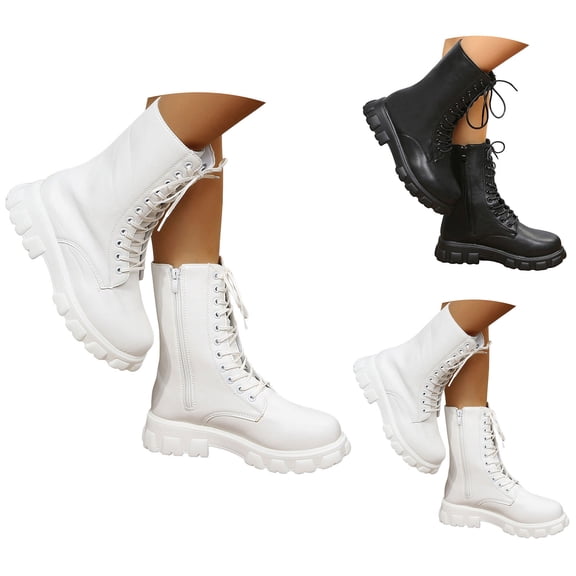 Dakaela Womens Combat Boots Lace up Fashion Ankle Booties Side Zipper 2025 Fall Winter Dress Shoes with Side Zipper Black Size 7