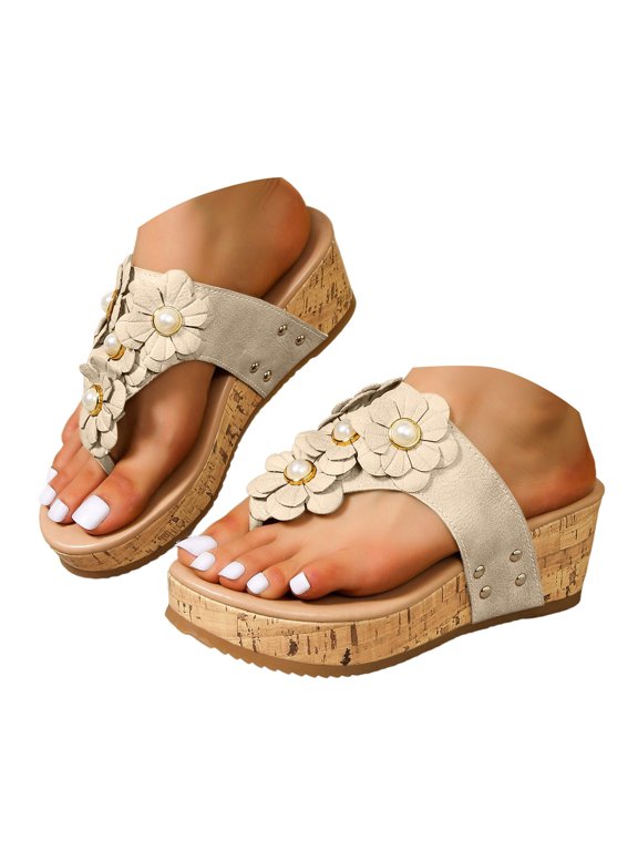 Womens Cork Flower Platform Sandals Arch Support Wedge Flip Flops Summer Walking Slip on Shoes