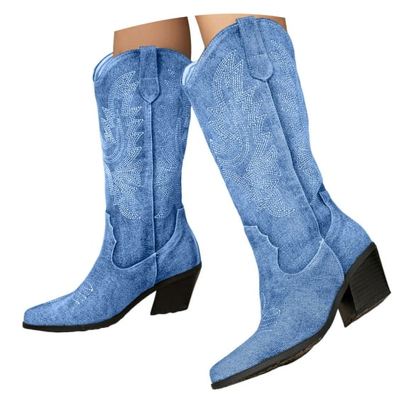 Dakaela Womens Cowboy Boots Wide Calf Pull on Western Cowgirl Knee High Boot Embroidered Denim Tall Boots