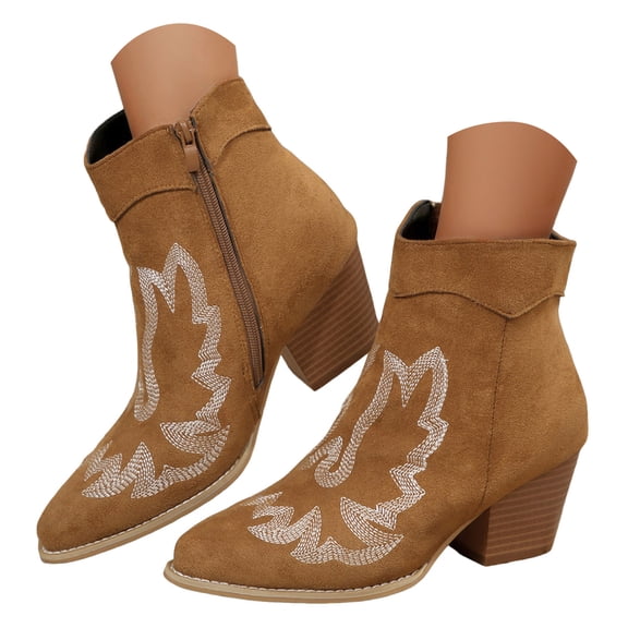 Dakaela Womens Cowboy Western Ankle Boots Pointed toe Low Stacked Heel Cowgirl Booties with Side Zipper