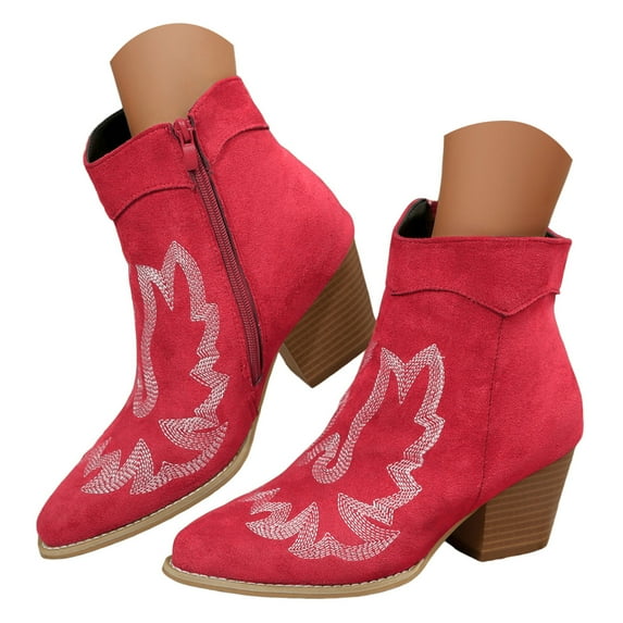 Dakaela Womens Cowboy Western Ankle Boots Pointed toe Low Stacked Heel Cowgirl Booties with Side Zipper