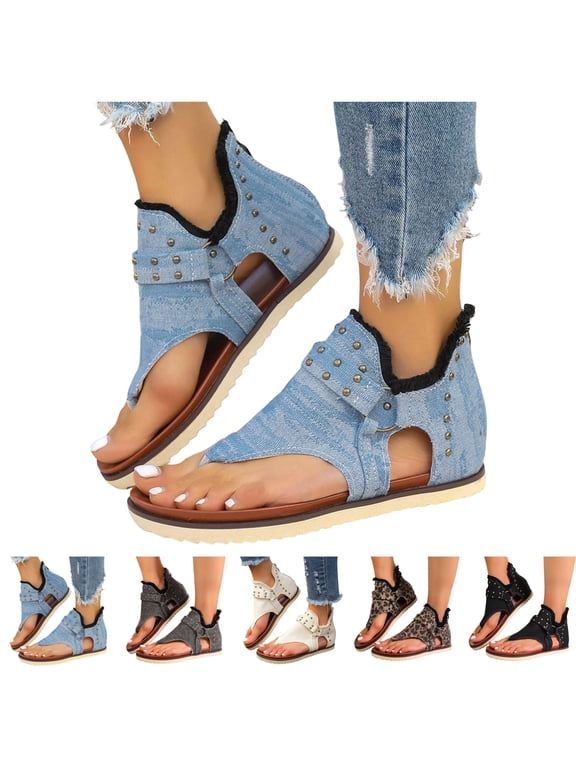 Womens Denim Gladiator Sandals 2026 Bohemian Casual Flip Flops Flat Clip Toe Ankle Boots Open Toe Beach Shoes with Back Zipper (Black,7.5)