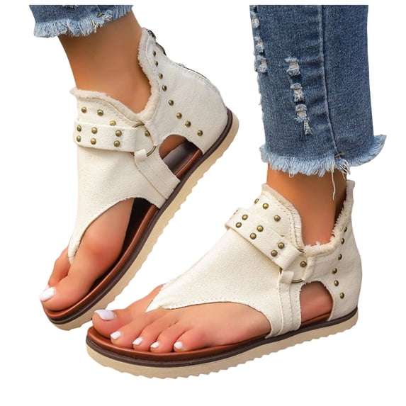 Dakaela Womens Denim Gladiator Sandals 2026 Bohemian Casual Flip Flops Flat Clip Toe Ankle Boots Open Toe Beach Shoes with Back Zipper (White,9)