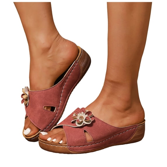 Dakaela Womens Dressy Flower Orthopedic Wedge Sandals Comfortable Open Toe Platform Summer Boho Beach Slides with Arch Support Size 6-10 Pink