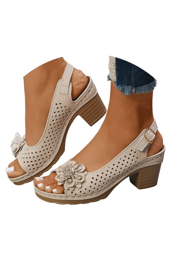 Slingback Sandals for Women Flower Hollow Heel Pumps Peep Toe Dressy Walking Shoes
