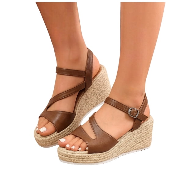 Dakaela Womens Espadrille Wedge Sandals Ankle Strap Platform Summer Dress Shoes Comfortable Casual Walking Slip on Sandal Size 6.5,Brown