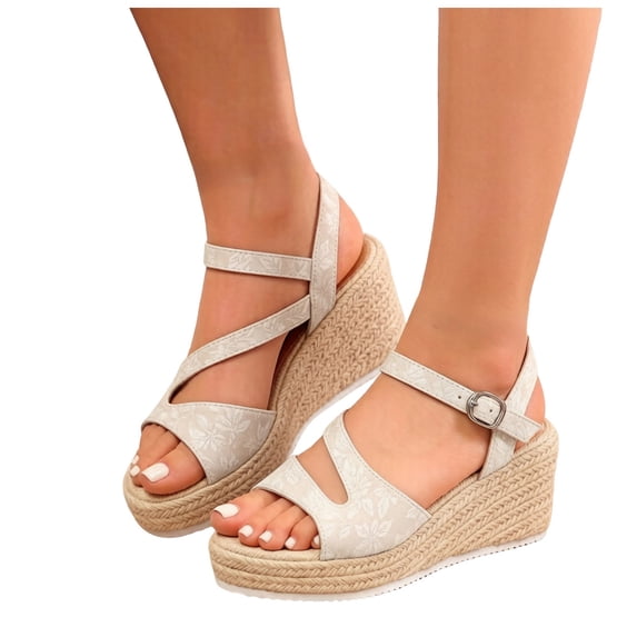 Dakaela Womens Espadrille Wedge Sandals Ankle Strap Platform Summer Dress Shoes Comfortable Casual Walking Slip on Sandal Size 7.5,White