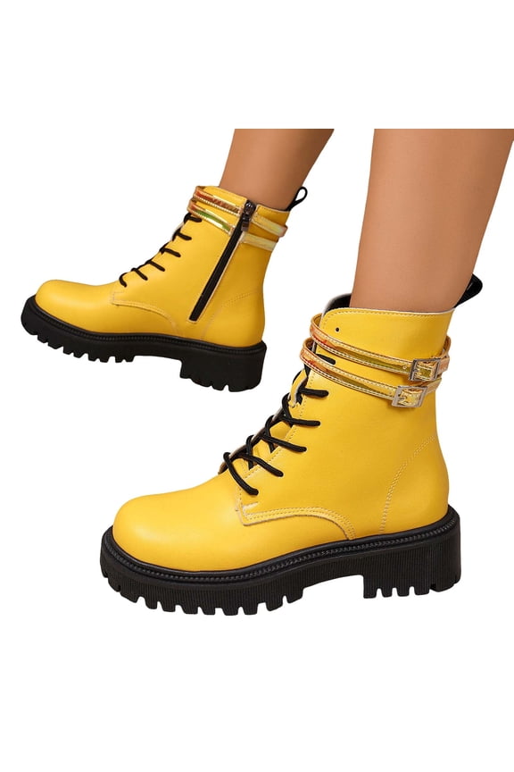 Womens Fashion Combat Boots Lace up Side Zipper Ankle Fall Booties Leather Platform Winter Dress Outdoor Shoes Yellow 9