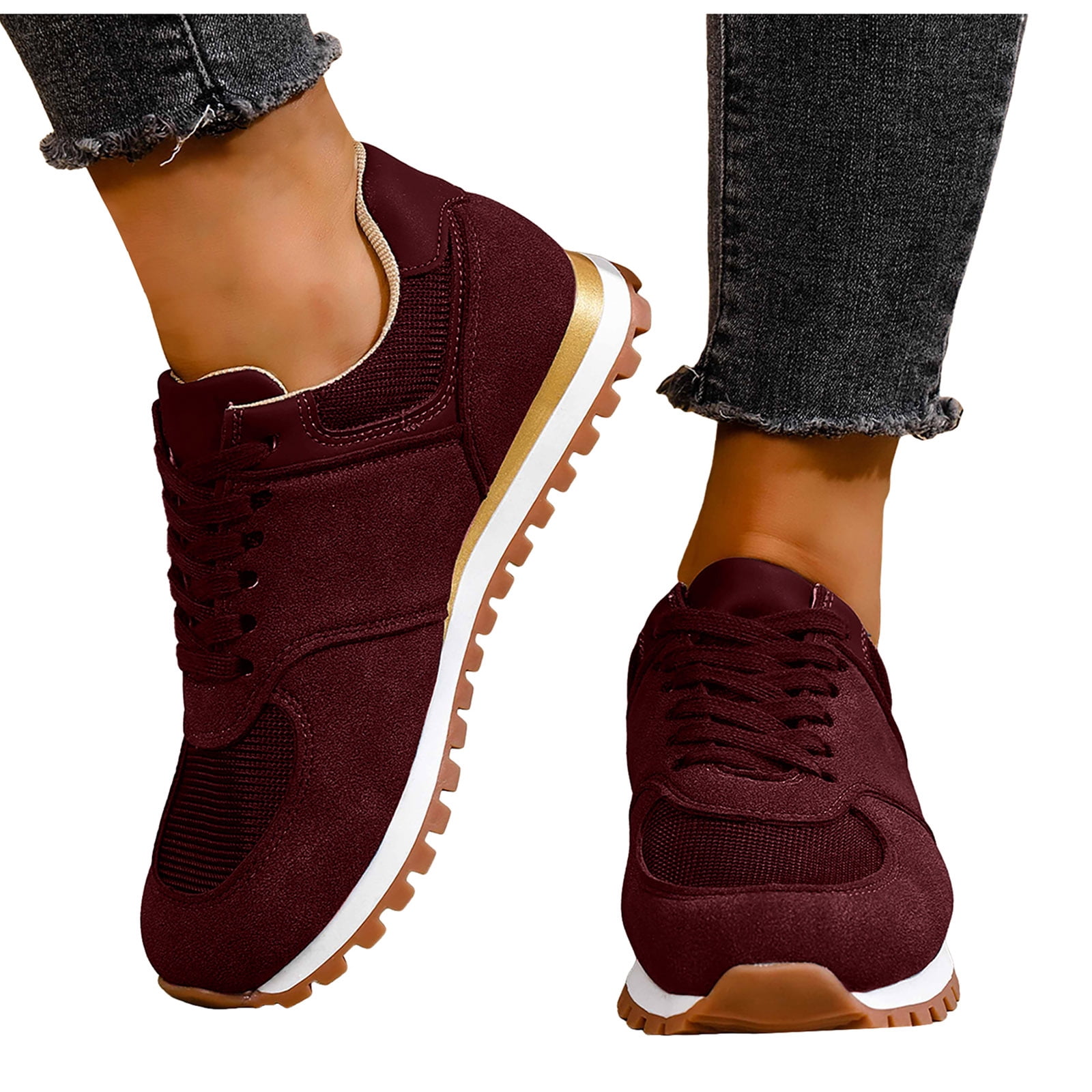 Dakaela Womens Fashion Sneakers 2025 Suede Classic Tennis Running Shoes Lace up Non Slip Trainer Walking Shoes Wine 9.5