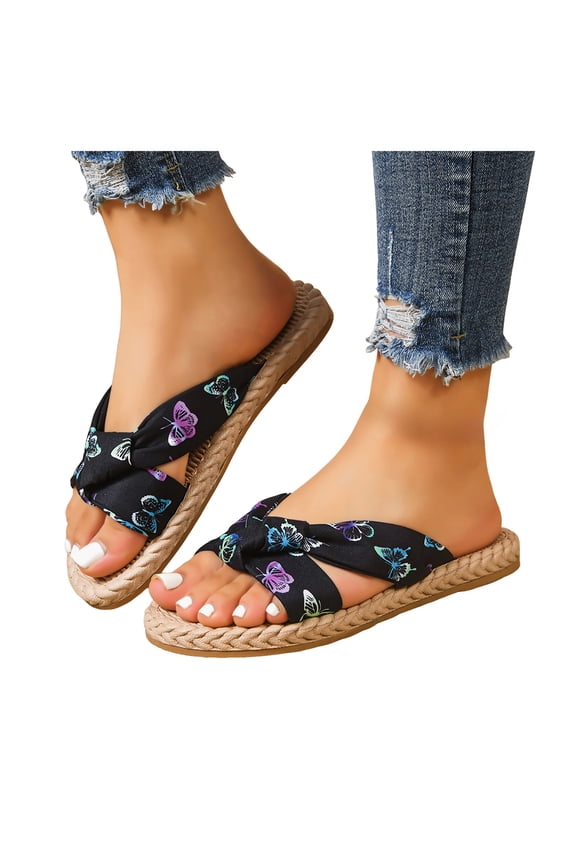 Womens Flat Sandals Bow Tie Open Toe Slides Comfortable Espadrille Slippers Braided Slip on Summer Vacation Beach Shoes Black 9