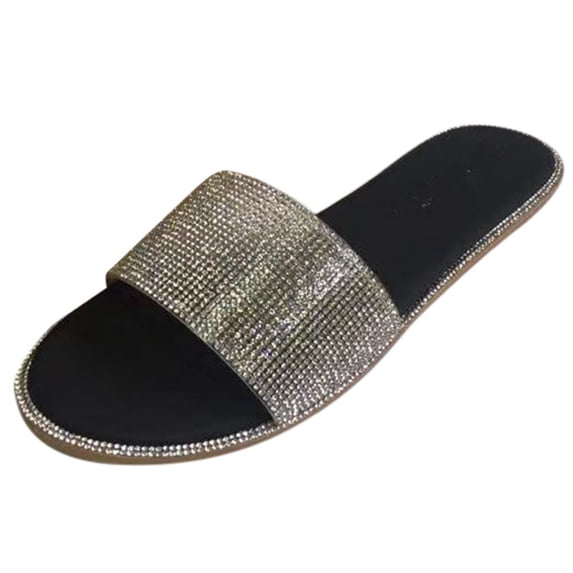 Dakaela Womens Flat Sandals Dressy Slip on Slide Slippers Rhinestone Footbed Summer Beach Shoes