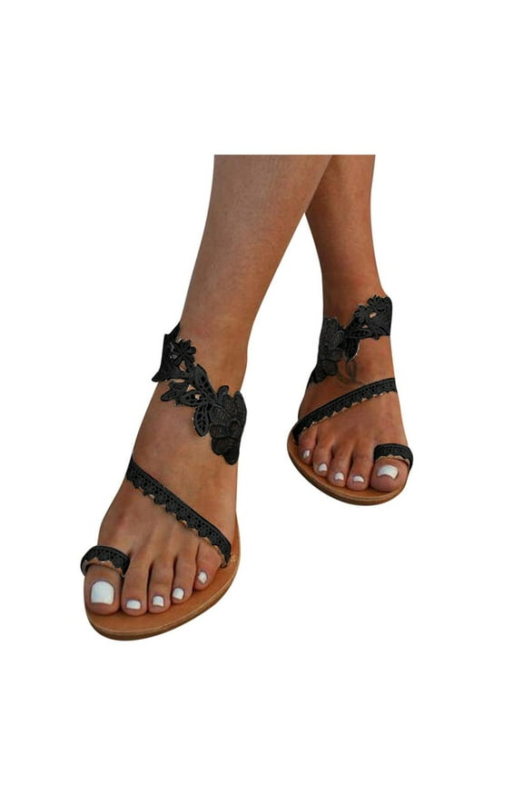Womens Flat Sandals Lace Flower Slip on Walking Slide Shoes Open Toe Ring Beach Flip Flops