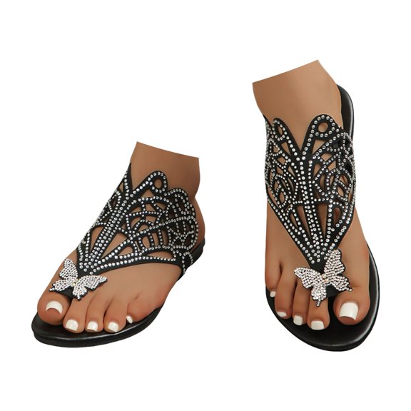 Dakaela Womens Flat Sandals Rhinestone Butterfly Trendy Footbed Flip Flops Summer Beach Walking Shoes