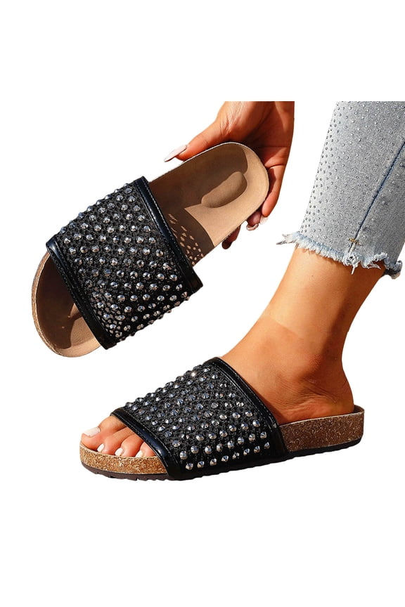 Womens Flat Sandals Rhinestone Cork Footbed Slides Comfortable Sparkly Casual Summer Beach Slippers with Arch Support Black Size 5.5