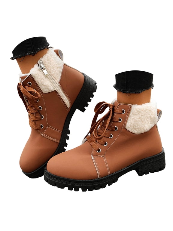 Womens Fleece Lined Ankle Boots Faux Leather Warm Winter Snow Combat Booties for Cold Weather Brown 6.5
