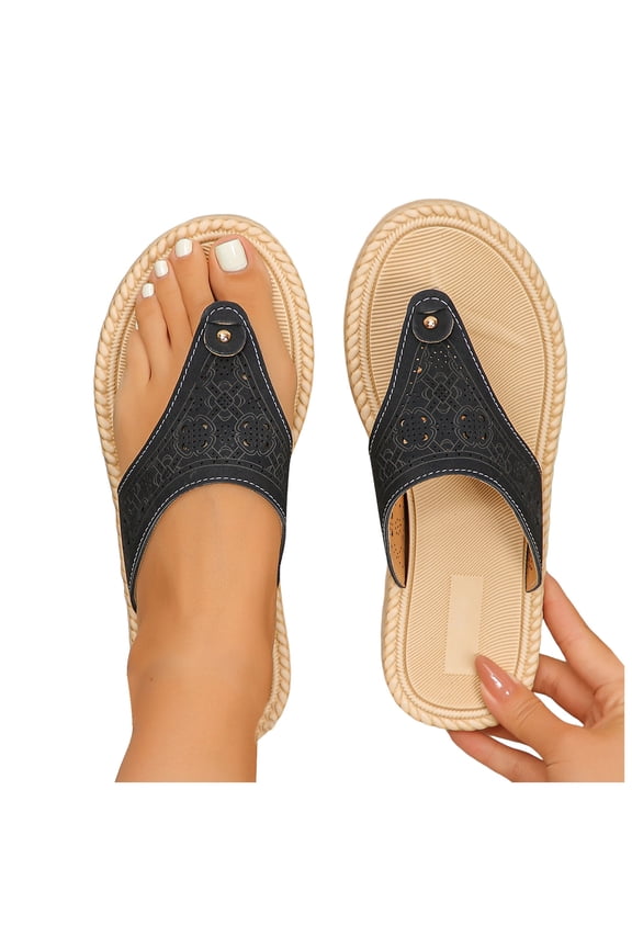 Womens Flip Flops Comfortable T Strap Summer Beach Thong Sandals Non Slip Bohemian Vacation Casual Walking Flat Shoes Size 6-11 Black