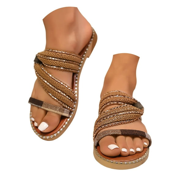 Dakaela Womens Flip Flops Pearl Toe Ring Slide Sandals Comfort Summer Beach Walking Flat Shoes Gold 7.5