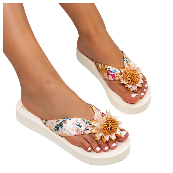 Dakaela Womens Flower Flip Flops Soft Yoga Mat Cushion Walking Thong Sandals Platform Open Toe Slip on Summer Beach Flat Slides White Size 6.5