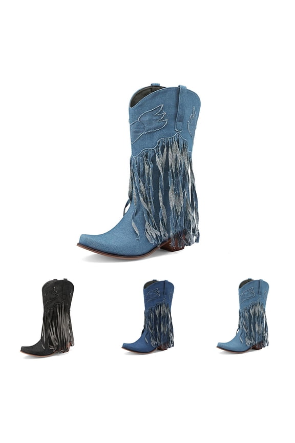 Womens Fringe Cowboy Boots Denim Tassel Western Cowgirl Mid Calf Booties with Chunky Heel Black 5.5