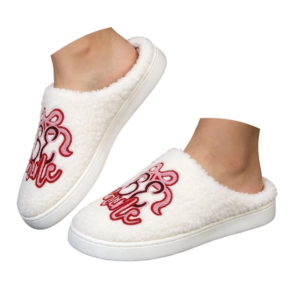 Dakaela Womens Fuzzy Slippers Plush Bow Embroidery Thick Sole Memory ...