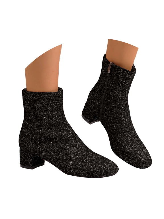Womens Glitter Ankle Boots Mid Block Heel Zip‑Up Sparkly Ladies Sock Booties Evening Party Prom Fall Winter Wedding Shoes Size 6-10