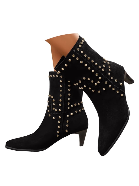 Womens Heeled Ankle Booties Rhinestone Wide Mid Calf Dress Boots Pointy Toe Slip on Fall Pumps