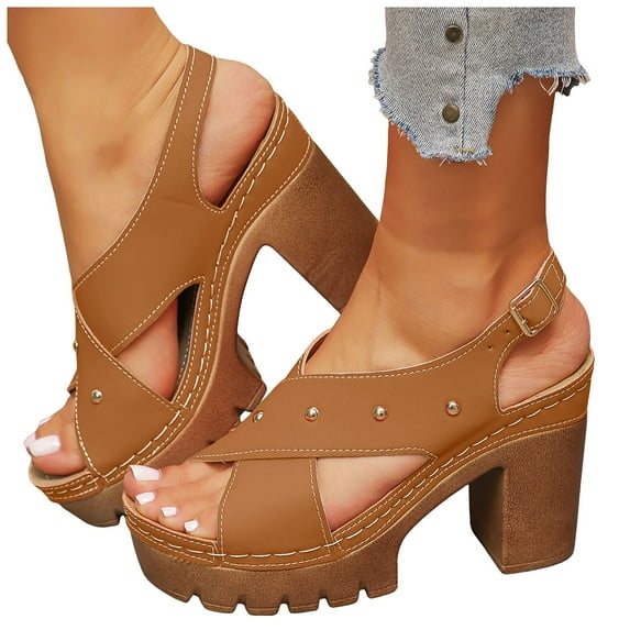 Dakaela Womens High Heeled Sandals Open Toe Crossband Slingback Platform Pumps Ankle Strap Summer Wedding Party Dress Shoes Brown 7.5