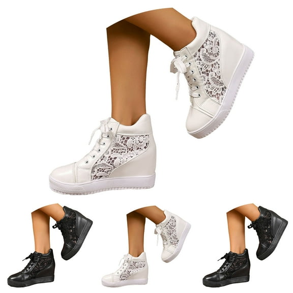 Dakaela Womens High Top Sneakers Fashion Lace up Hidden Wedge Tennis Walking Shoes Non Slip Work Boots Ankle Booties Black Size 6.5