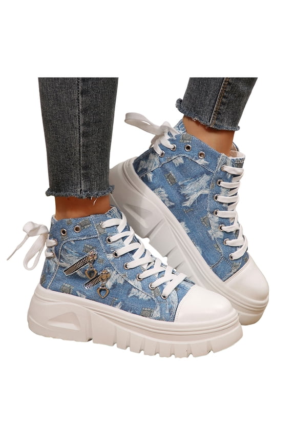 Womens High Top Sneakers Platform Denim Canvas Running Shoes Comfortable Lace up Casual Walking Tennis Sneaker Blue 8