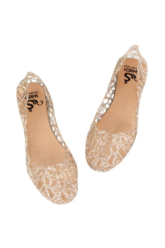 Womens Jelly Sandals Glitter Summer Ballet Slip on Flats Hollow Out Casual Loafer Shoes Gold 5.5