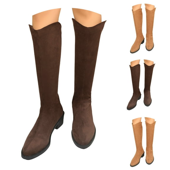 Dakaela Womens Knee High Boots Suede Slouchy Dress Cowboy Long Boots Chunky Low Heel Cowgirl Western Booties Coffee 6
