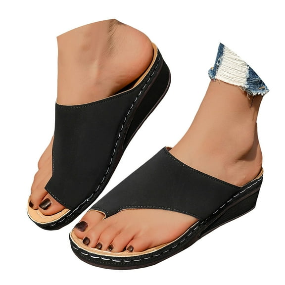 Dakaela Womens Leather Wedge Sandals Arch Support Orthopedic Flip Flops Non Slip Summer Walking Slides