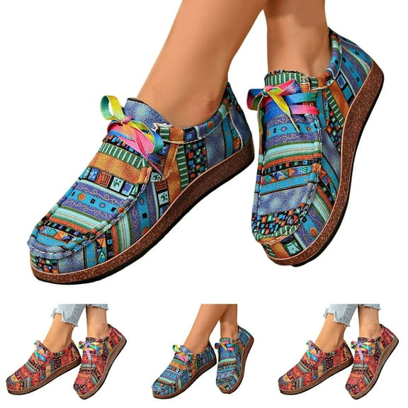 Dakaela Womens Loafers Casual Lace up Slip on Canvas Boat Shoes Bohemian Low Wedge Walking Driving Sneakers