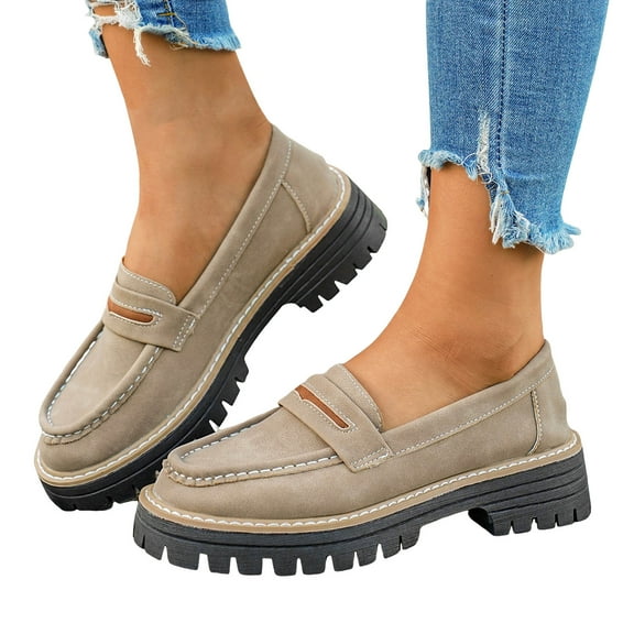 Dakaela Womens Loafers Shoes Platform Chunky Penny Loafer Lug Sole Casual Business Work Slip on Dress Shoes Khaki 7.5