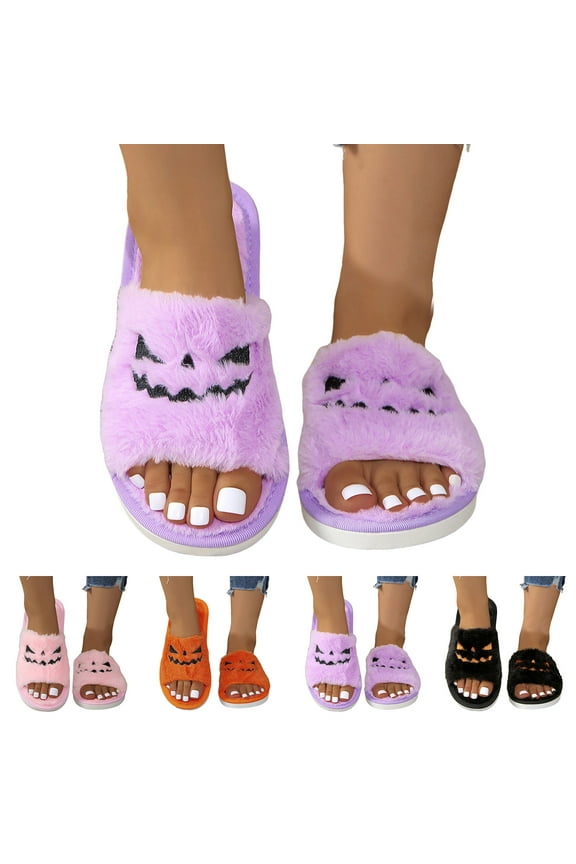 Womens Mens Spooky Fuzzy Slides Halloween Plush Slippers Pumpkin Open Toe House Shoes Gifts